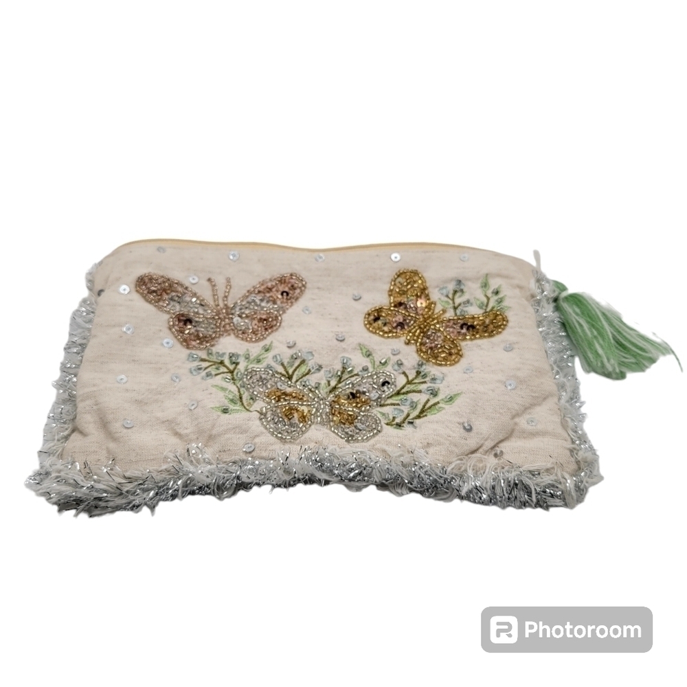 Fringe Beaded Sequins Tassle Cream Makeup Bag or Clutch Metallic Cotton Linen
